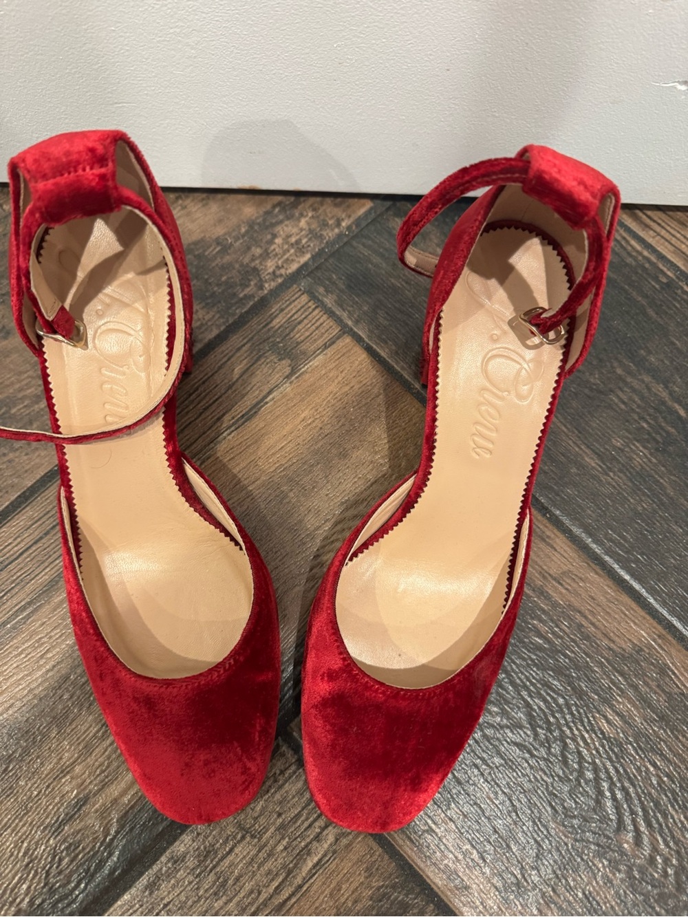 J. Crew Red Velvet Ankle Strap Heels